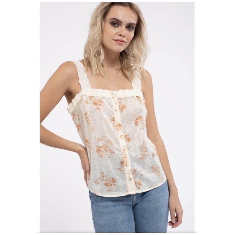 E & M floral button front cotton tank thread dots cotton lace straps womens Sz L